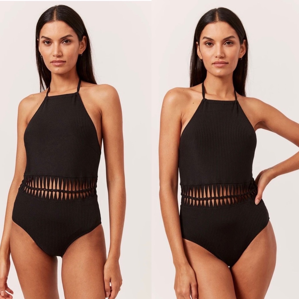 Solid & Striped Ada Slinky Rib Black Cut out one piece bathing suit NWT L